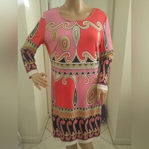 Lovely Ali Ro Vibrant Long Sleeve Dress Red Pink Green SZ. Med STRETCHY